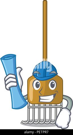 Architekt cartoon Rake Blätter mit Holzstab Stock Vektor