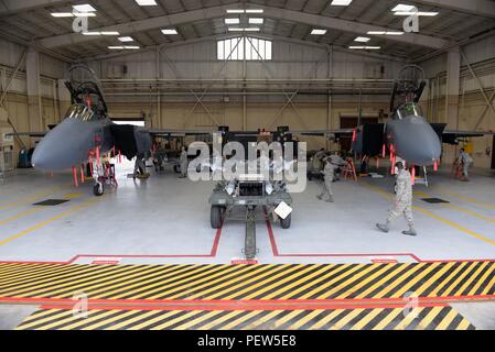 Flieger in die 4 Aircraft Maintenance Squadron zugewiesen in der Last Crew des Jahres Wettbewerb teilnehmen, Jan. 15, 2016, bei Seymour Johnson Air Force Base, N.C. Flieger vertreten Ihre jeweiligen Aircraft Maintenance Einheiten und Rennen gegen die Uhr, um schnell und effizient Laden vorab benannte Munition auf F-15 E Strike Eagles. (U.S. Air Force Foto/Älterer Flieger John nieves Camacho) Stockfoto