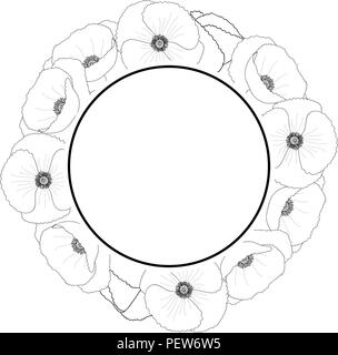 Papaver rhoeas Banner Kranz Umrisse oder Common Poppy, Corn Poppy, Mais Rose, field Poppy, Flandern Mohn oder roter Mohn. auf weißem Hintergrund. Vecto Stock Vektor