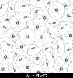 Papaver rhoeas Umrisse nahtlose Hintergrund oder Common Poppy, Corn Poppy, Mais Rose, field Poppy, Flandern Mohn oder roter Mohn. Vector Illustration. Stock Vektor