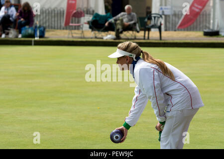 Ein Spieler über die Schüssel an der nationalen Frauen Lawn Bowls Meisterschaften, Leamington Spa, Großbritannien Stockfoto