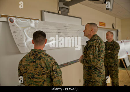 Us Marine Corps Generalmajor Vincent A. Coglianese, (Mitte), 1 Marine Logistics Group Commander, spricht mit Oberstleutnant Kirk Spangenberg, (rechts), Kommandierender Offizier der Logistik Schule (LOS), und Kapitän Aaron Haube, (links), LOS Ausbilder an Bord Camp Johnson, N.C., Jan. 19, 2016. Generalmajor Coglianese sprach mit Personal aus beiden los und Masse der Schule, Marine Corps Combat Service unterstützen Schulen bei seinem Besuch. (U.S. Marine Corps Combat Kamera Foto von Lance Cpl. Amy L. Plunkett/Freigegeben) Stockfoto