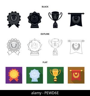 Eine olympische Medaille für den ersten Platz, eine Kristallkugel, eine goldene Schale auf einem Ständer, einem roten Anhänger. Auszeichnungen und Trophäen set Sammlung Icons in Schwarz, flach, outl Stock Vektor