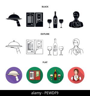 Ein Fach mit einem Tuch, Scheck und Bargeld, eine Flasche Wein und Gläser, eine Kellnerin mit ein Abzeichen. Restaurant Sammlung Icons in Schwarz, flach, umriss Styl Stock Vektor