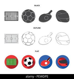 Feld, das Stadion mit Markierungen für die Fußball spielen, Fußball-ball, Schläger mit einer Kugel für Ping-pong, Schutzhelm für das Spiel, Handschuh für Baseball Stock Vektor