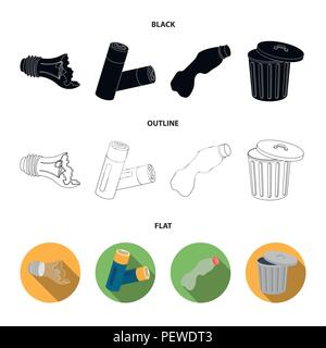 Defekte Glühbirne, Batterien verwendet und brach eine Plastikflasche, Müll kann mit Zeichen. Müll und Abfall set Sammlung Icons in Schwarz, flach, Umriss sty Stock Vektor