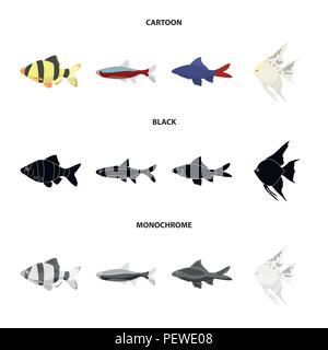 Angelfish, Common, Barbus, neon. Fisch set Sammlung Icons im Cartoon, schwarz, Schwarzweiß-Stil vektor Symbol lieferbar Abbildung. Stock Vektor