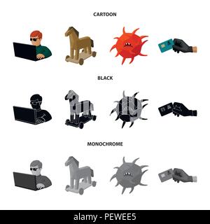 Hacker, Hacking, System, Internet. Hacker und Hacking set Sammlung Icons im Cartoon, schwarz, Schwarzweiß-Stil vektor Symbol lieferbar Abbildung. Stock Vektor