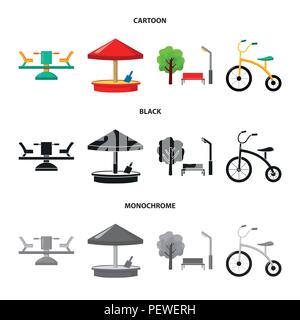 Karussell, Sandkasten, Park, Dreirad. Spielplatz set Sammlung Icons im Cartoon, schwarz, Schwarzweiß-Stil vektor Symbol lieferbar Abbildung. Stock Vektor