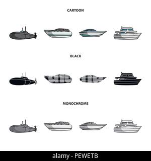 Ein Militär-U-Boot, ein Schnellboot, das Boot und Yacht. Schiffe und Wasser Sammlung Icons im Cartoon, schwarz, Schwarzweiß-Stil Stock Vektor