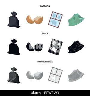 Einen Müllsack, eine zerbrochene Eierschale, einer zerrissenen schmutziges T-Shirt, ein kaputtes Fenster Rahmen mit Glas. Müll und Abfall set Sammlung Icons im Cartoon, schwarz, mono Stock Vektor