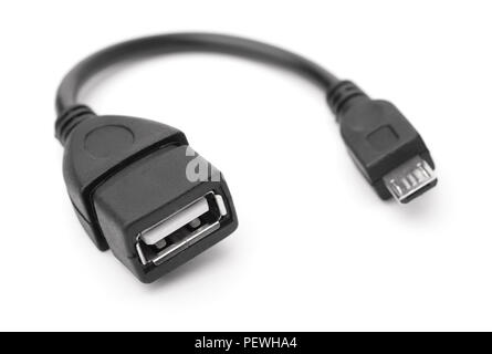 Schwarz USB-OTG-Kabel isoliert auf weißem Stockfoto