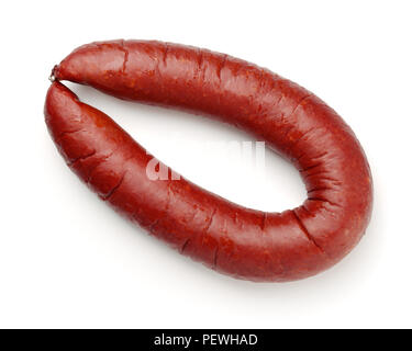 Ansicht von oben von geräuchertem Fleisch Wurst isoliert auf weißem Stockfoto