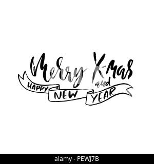 Merry X-Mas und ein Frohes Neues Jahr. Urlaub moderne trockenen Pinsel Tinte Beschriftung für Grußkarte. Vector Illustration. Stock Vektor