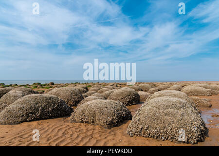 Felsbrocken am Strand von Hunstanton bei Ebbe. Norfolk England UK. Stockfoto