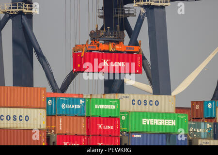 ROTTERDAM - Mar 16, 2016: Kranfahrer platzieren einen Container in einer Ladung im Hafen von Rotterdam. Stockfoto