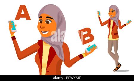 Arabische Frau Vergleich von A mit B Vektor. Gute Idee. Durchführung einer Balance. Blogger überprüfen. Vergleichen und Auswählen. Isolierte flache Cartoon Illustration Stock Vektor