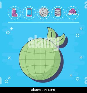 Globale Sphäre mit Innovation und Technologie ähnliche Symbole Um auf blauem Hintergrund, farbenfrohen Design. Vector Illustration Icon Set von Innovation und Technologie Konzept über bunte Kreise und weißem Hintergrund, Vector Illustration Stock Vektor
