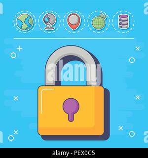 Vorhängeschloss mit Innovation und Technologie ähnliche Symbole Um auf blauem Hintergrund, farbenfrohen Design. Vector Illustration Icon Set von Innovation und Technologie Konzept über bunte Kreise und weißem Hintergrund, Vector Illustration Stock Vektor