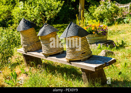 Drei kleine Bienenstöcke und ein Blumentopf mit bunten Blumen. Der Garten ist hügelig, so dass der Bienenstöcke und der Blumentopf lehnt sich ein wenig. Sommer in der Garde Stockfoto