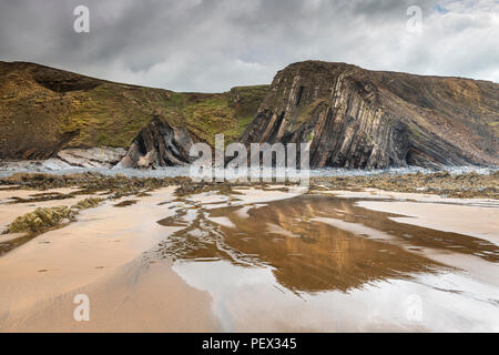 Eine der erstaunlichen geoligical Felsformationen am Strand von Sandymouth Beach in der Nähe von Bude in North Cornwall. Stockfoto