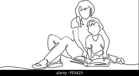 Kontinuierliche eine Linie zeichnen. Familie Konzept. Mutter und Sohn lesen Buch. Vector Illustration Stock Vektor