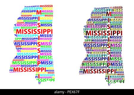 Skizze Mississippi (USA) schreiben Text Karte, Mississippi Karte - in der Form des Kontinents, Karte Mississippi-color Vector illustr Stock Vektor