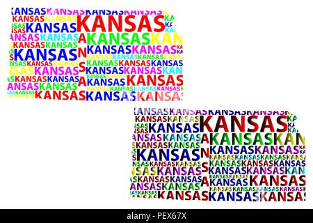 Skizze Kansas (USA) schreiben Text Karte, Kansas Karte - in der Form des Kontinents, Karte Kansas-color Vector Illustration Stock Vektor