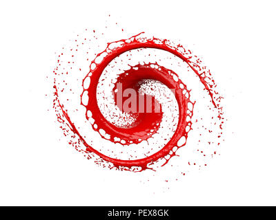 Rote Flüssigkeit verspritzen im Kreis und Tropfen auf weißem Hintergrund, 3D-Rendering Stockfoto
