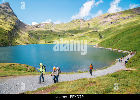 Grindelwald, Schweiz - 21 August 2016: Wandern Menschen und Bachalpsee See an der Schweizer Alpen Berg Grindelwald First Stockfoto