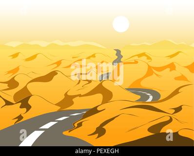 Leere Straße in der Wüste. Sanddünen, mounains, Straße, und Sun Landschaft. Vector Illustration Stock Vektor