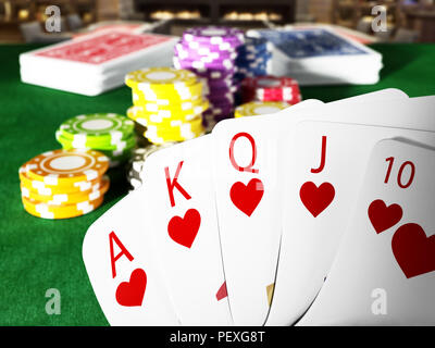 Poker und Casino Royal Flush hand Hände stehen auf Poker Tisch. 3D-Darstellung. Stockfoto