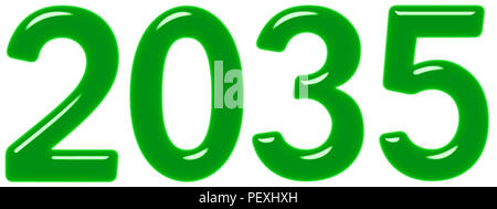 Inschrift 2035 aus grünem Glas oder Kunststoff, auf weißem Hintergrund, 3D-Rendering Stockfoto