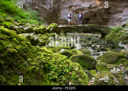 Zwei Forscher auf einem steinernen Brücke an der Unterseite einer Doline von den Zirknitzer See in der Region Notranjska Karst in Slowenien. Stockfoto