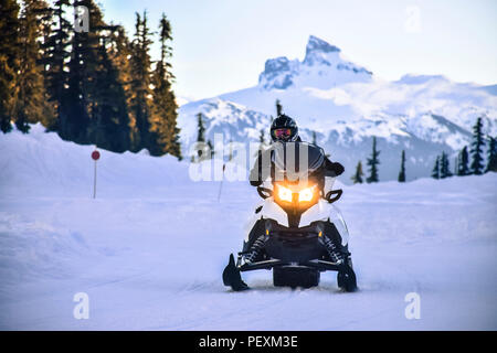 Mann, snowmobile im Callaghan Valley, Whistler, British Columbia, Kanada Stockfoto