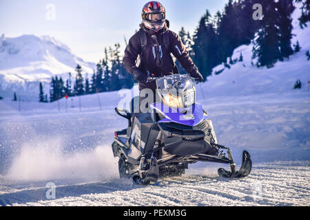 Mann, snowmobile im Callaghan Valley, Whistler, British Columbia, Kanada Stockfoto