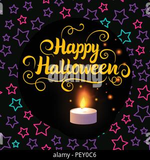 Happy Halloween Schriftzug Karte. Kerzen leuchten. Vector Illustration mit Kids Design Hintergrund. Stock Vektor