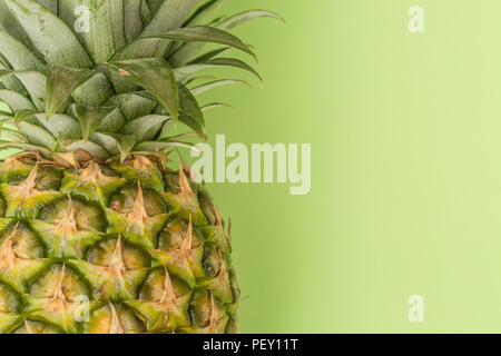 Nahaufnahme der rauhen und texturierte äußeren Schwingen eines tropischen Ananas auf gelbem Hintergrund mit Kopie Raum Stockfoto