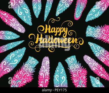Happy Halloween horizontale Karte. Beschriftung der Inschrift. Handzeichnung Ornament von Federn auf dunklem Hintergrund. Stock Vektor