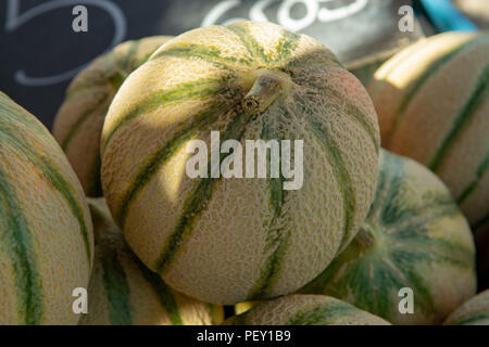Melonen aus Cavaillon, reife Runde charentais Honig melone Melonen auf dem lokalen Markt in der Provence, Frankreich, in der Nähe Stockfoto