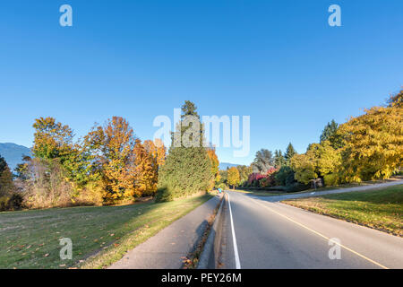 Asphalt auf einer Straße mit Bäumen im Herbst und die Blätter gefallen sind, Menschen auf dem Gehweg, Wald und Berge im Hintergrund ausgeführt Stockfoto