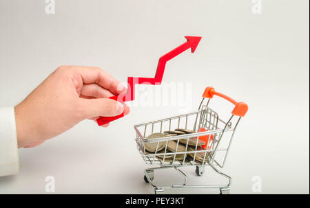 Hand ein Geschäftsmann mit einem roten Pfeil nach oben über eine Schubkarre mit Münzen. Konzept des wirtschaftlichen Wachstums, der Anstieg der Kaufkraft. Inflation, Stockfoto