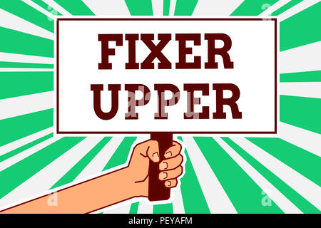 Schreiben Hinweis mit Fixer Upper. Business Foto zeigen Haus renovierungsbedürftig hauptsächlich verwendete Verbindung mit Kauf mann Hand Poster imp Stockfoto