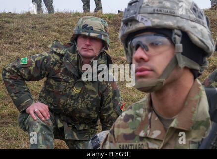 (Vordergrund) ein Soldat der US-Armee zur 1. Bataillon zugeordnet, 41 Infanterie Regiment, 2 Infantry Brigade Combat Team, 4 Infanterie Division wartet auf Aufträge, die von einem Mitglied der albanischen Streitkräfte ein Unfall während der medevac Ausbildung Feb.18 am Joint Multinational Readiness Center in Hohenfels, Deutschland zu heben. Die Soldaten, die aus Fort Carson, Colo stationiert sind, sind Schulungen neben USA und multinationalen Partnern in Vorbereitung für Kosovo Force 21 zur Unterstützung der Multinationalen Battle Group-East. MNBG-E ist zur Gewährleistung eines sicheren und geschützten Umfelds gewidmet, und die Freiheit der movem Stockfoto