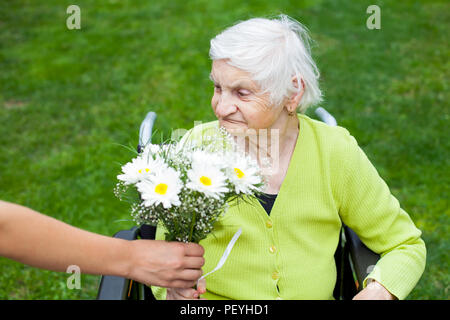 Ältere Frau an Demenz leiden Krankheit Blumen zum Geburtstag empfangen Stockfoto