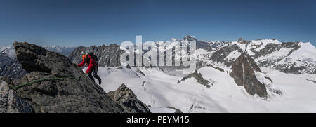 Ein Bergsteiger auf der South East Ridge von L'Eveque in den Walliser Alpen Stockfoto