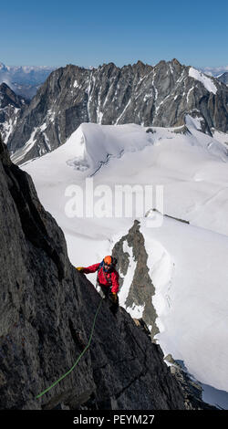 Ein Bergsteiger auf der South East Ridge von L'Eveque in den Walliser Alpen Stockfoto
