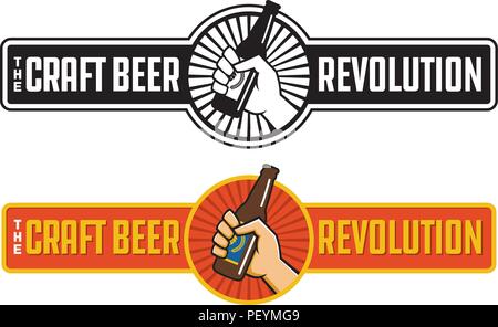 Handwerk Bier Revolution Vektor zugeschickt oder Label Design. Faust Holding eine Flasche Handwerk Bier in retro Logo Banner Design. Stock Vektor