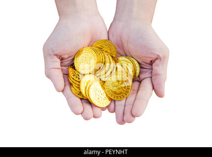 Nahaufnahme eines bitcoin Münzen in der Frau die Hand auf weißem Hintergrund mit Freistellungspfad isoliert Stockfoto
