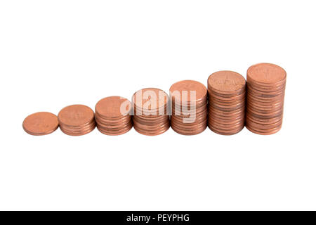 Stapel von kupfermünzen auf weißem Hintergrund mit Freistellungspfad isoliert Stockfoto